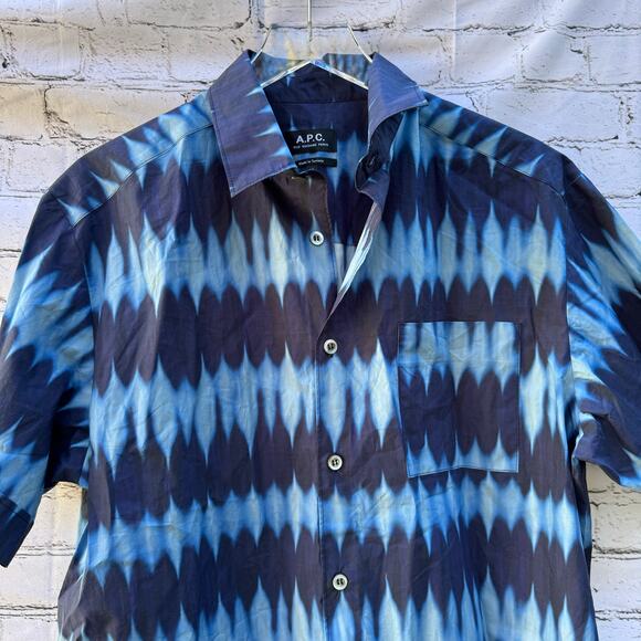 A.P.C. Shirt Ross Tie Dye Button Up Short Sleeve Cotton Blue Medium Classic - Picture 3 of 8